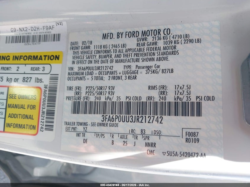 2018 Ford Fusion VIN 3FA6P0UU3JR212742 IAAI salvage auction — NORMAL WEAR, Sf97 (Nevada), sold $10,700 on 2026-07-28 (photo 9)