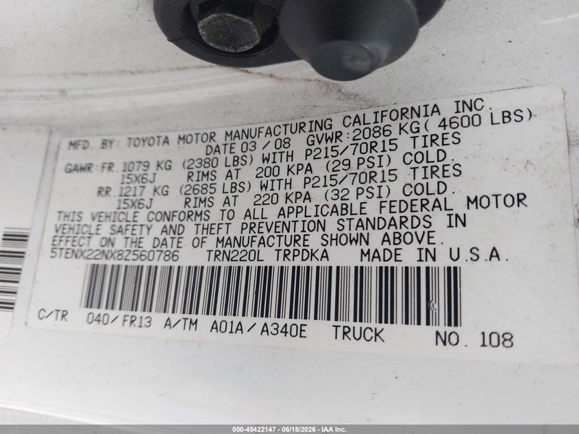 2008 Toyota Tacoma VIN 5TENX22NX8Z560786 IAAI salvage auction — RIGHT SIDE, Clear (Virginia), sold $1,300 on 2026-07-28 (photo 9)