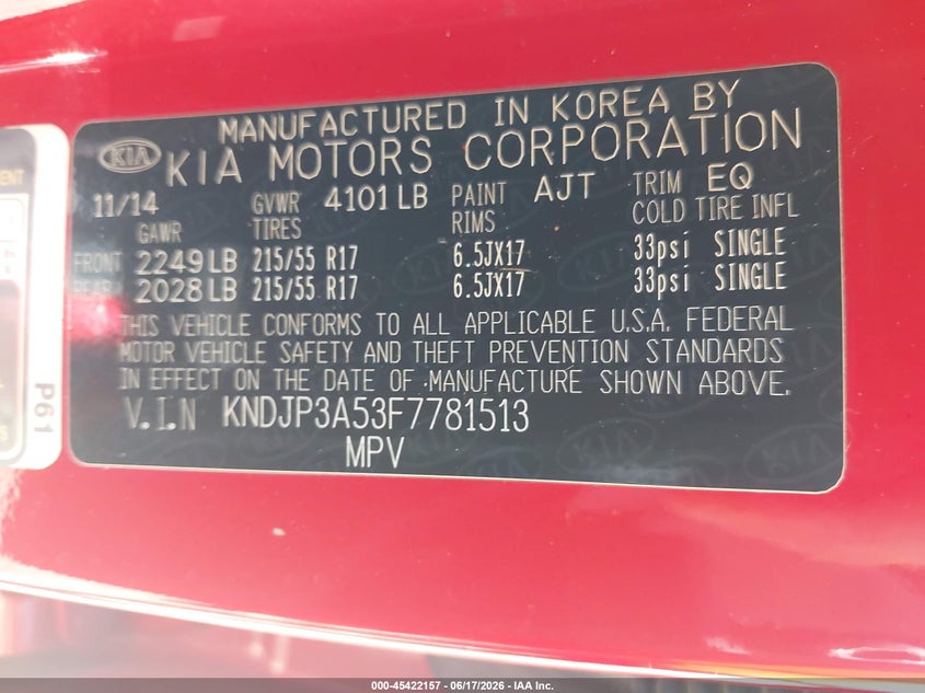 2015 Kia Soul VIN KNDJP3A53F7781513 IAAI salvage auction — NORMAL WEAR, Clear (Georgia), sold $600 on 2026-07-30 (photo 9)
