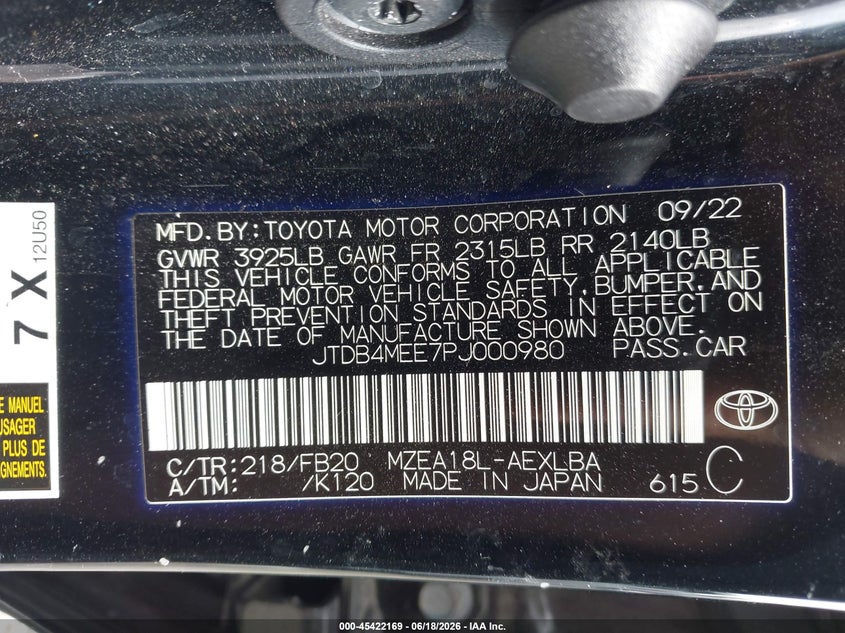 2023 Toyota Corolla VIN JTDB4MEE7PJ000980 IAAI salvage auction — RIGHT SIDE, Salvage Title, sold $2,150 on 2026-08-02 (photo 9)