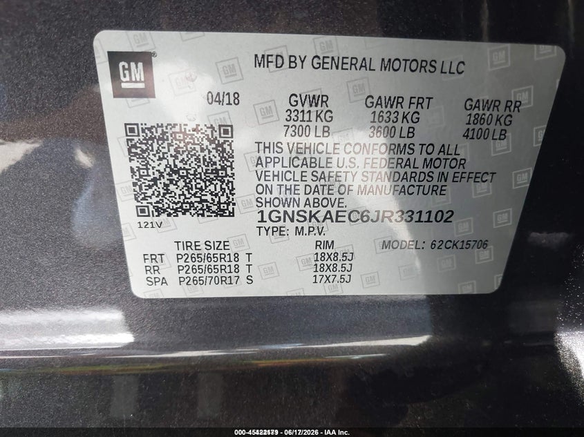 2018 Chevrolet Tahoe VIN 1GNSKAEC6JR331102 IAAI salvage auction — NORMAL WEAR, Sf97 (Nevada), sold $22,200 on 2026-07-28 (photo 9)