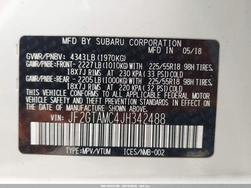 2018 Subaru Xv VIN JF2GTAMC4JH342488 IAAI salvage auction — RIGHT SIDE, Salvage Title, sold $5,825 on 2026-09-08 (photo 9)