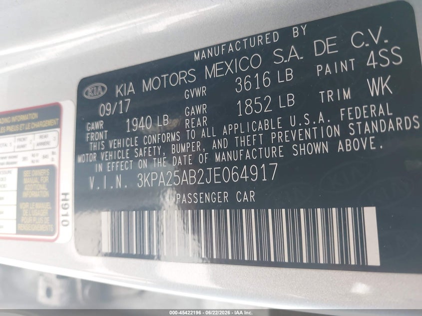 2018 Kia Rio VIN 3KPA25AB2JE064917 IAAI salvage auction — NORMAL WEAR, Clear (Utah), sold $825 on 2026-07-09 (photo 9)