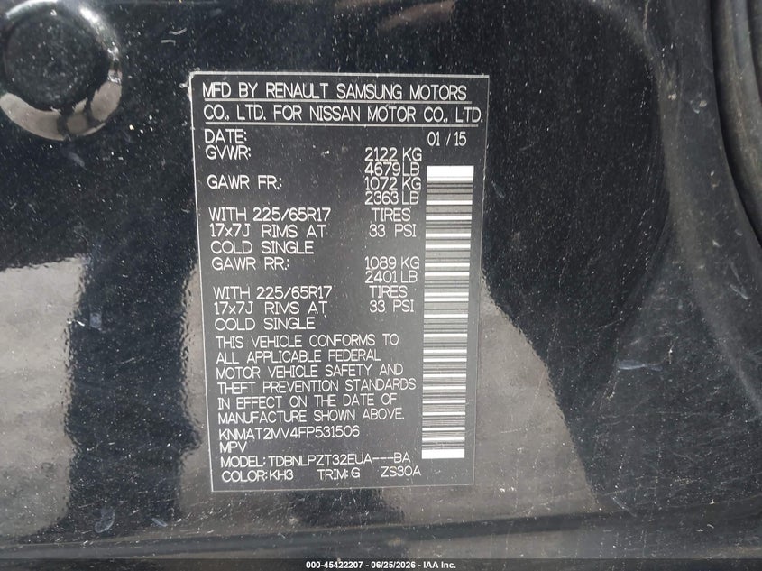 2015 Nissan Rogue VIN KNMAT2MV4FP531506 IAAI salvage auction — FRONT END, Salvage Title, sold $275 on 2026-07-24 (photo 9)
