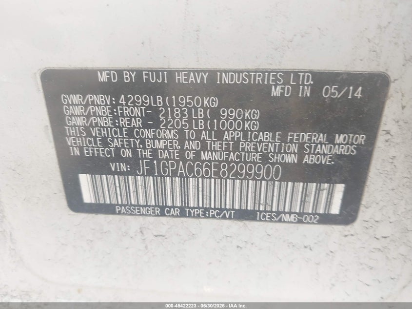 2014 Subaru Impreza VIN JF1GPAC66E8299900 IAAI salvage auction — RIGHT FRONT, Salvage (Idaho), sold $400 on 2026-07-10 (photo 9)
