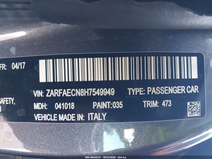 2017 Alfa romeo Giulia VIN ZARFAECN8H7549949 IAAI salvage auction — LEFT FRONT, Salvage (Arizona), sold $2,250 on 2026-07-08 (photo 9)