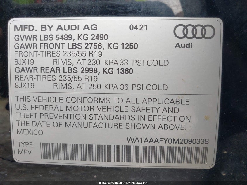 2021 Audi Q5 VIN WA1AAAFY0M2090338 IAAI salvage auction — FRONT END, Salvage Title, sold $7,100 on 2026-07-26 (photo 9)
