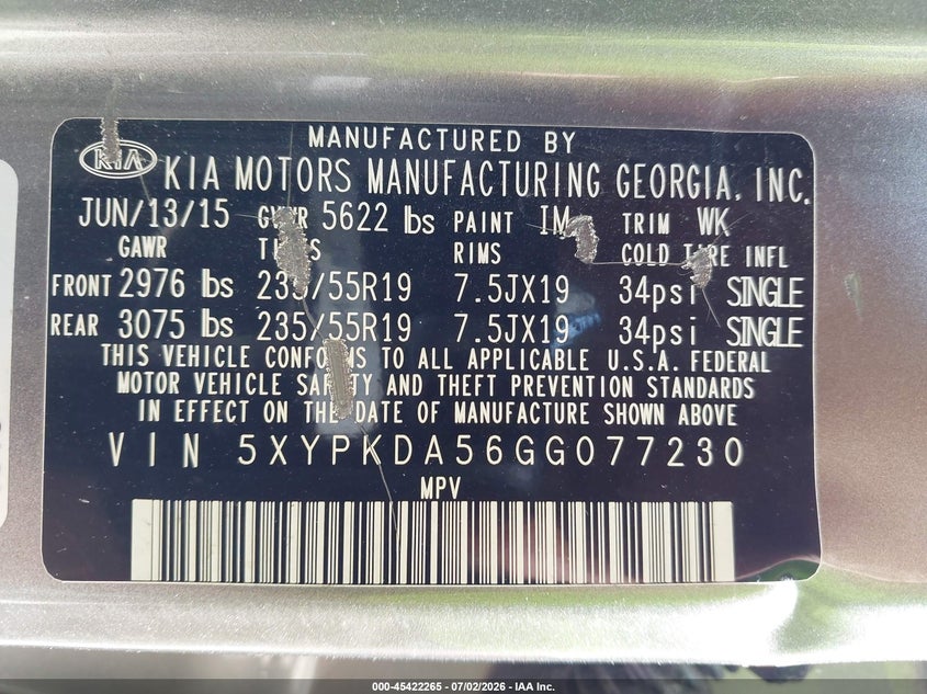 2016 Kia Sorento VIN 5XYPKDA56GG077230 IAAI salvage auction — FRONT END, Salvage Title, sold $25 on 2026-07-23 (photo 9)