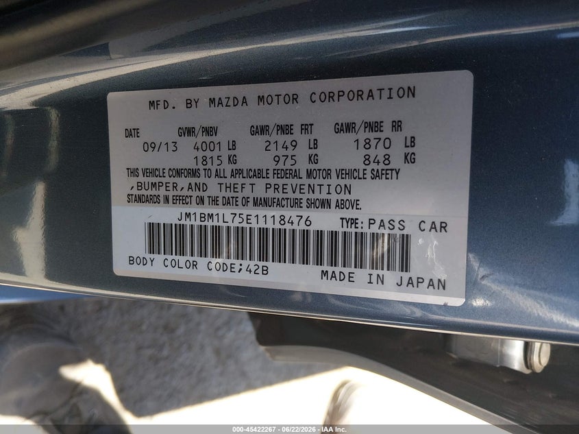 2014 Mazda VIN JM1BM1L75E1118476 IAAI salvage auction — FRONT END, Salvage (California), sold $1,600 on 2026-07-08 (photo 9)