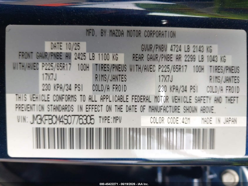 2025 Mazda Cx-5 VIN JM3KFBCM4S0776305 IAAI salvage auction — REAR END, Salvage Title, sold $4,050 on 2026-07-28 (photo 9)