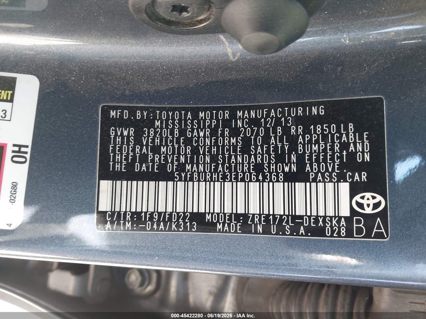 2014 Toyota Corolla VIN 5YFBURHE3EP064368 IAAI salvage auction — REAR END, Salvage (California), sold $3,100 on 2026-07-20 (photo 9)
