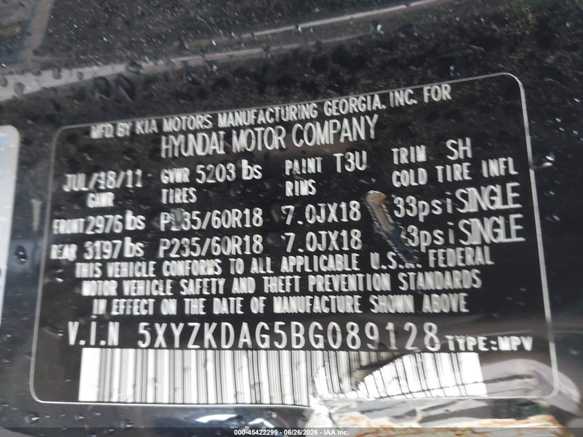 2011 Hyundai Santa fe VIN 5XYZKDAG5BG089128 IAAI salvage auction — FRONT END, Clear (Massachusetts), sold $725 on 2026-07-10 (photo 9)