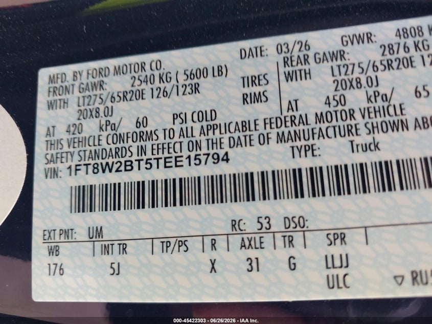 2026 Ford F250 VIN 1FT8W2BT5TEE15794 IAAI salvage auction — FRONT & REAR, Salvage (Texas), sold $16,100 on 2026-07-27 (photo 8)