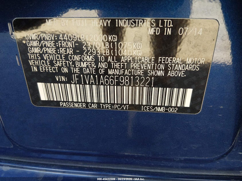 2015 Subaru Wrx VIN JF1VA1A66F9813221 IAAI salvage auction — FRONT END, Salvage (Nevada), sold $1,400 on 2026-07-24 (photo 9)