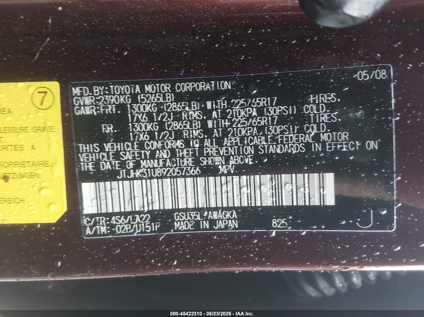 2009 Lexus Rx VIN JTJHK31U892057366 IAAI salvage auction — FRONT END, Salvage - Greater Than 75% (Maryland), sold $1,450 on 2026-08-01 (photo 9)
