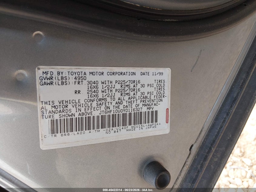 2000 Lexus Rx 300 VIN JT6HF10U0Y0116327 IAAI salvage auction — REAR END, Salvage (North Carolina), sold $425 on 2026-07-09 (photo 9)