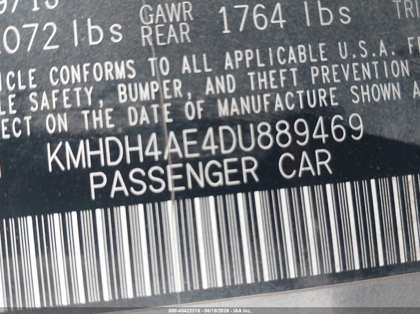 2013 Hyundai Elantra VIN KMHDH4AE4DU889469 IAAI salvage auction — UNKNOWN, Rebuildable (Florida), sold $1,225 on 2026-07-07 (photo 9)