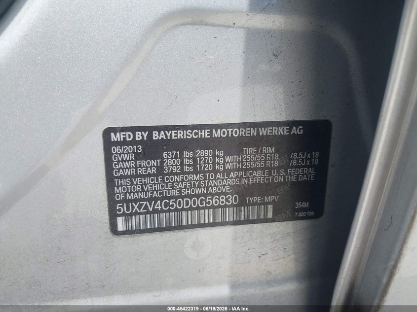 2013 BMW X5 VIN 5UXZV4C50D0G56830 IAAI salvage auction — REAR END, Salvage (California), sold $2,650 on 2026-07-06 (photo 9)