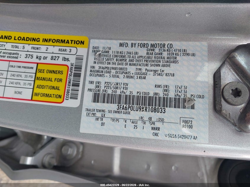 2019 Ford Fusion VIN 3FA6P0LU9KR108033 IAAI salvage auction — LEFT FRONT, Salvage Title, sold $3,950 on 2026-07-31 (photo 9)