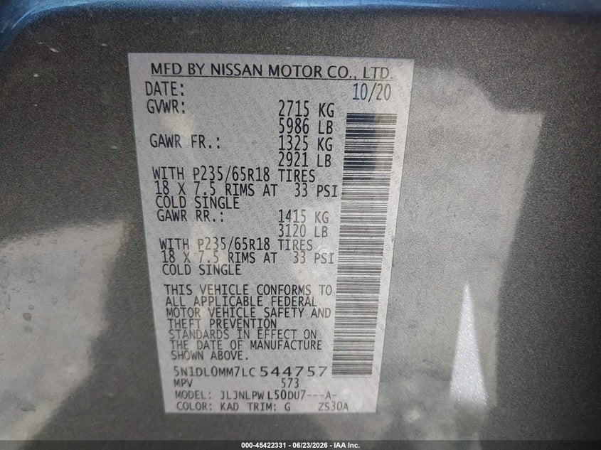 2020 Infiniti Qx60 VIN 5N1DL0MM7LC544757 IAAI salvage auction — LEFT SIDE, Salvage Title, sold $7,100 on 2026-08-18 (photo 9)