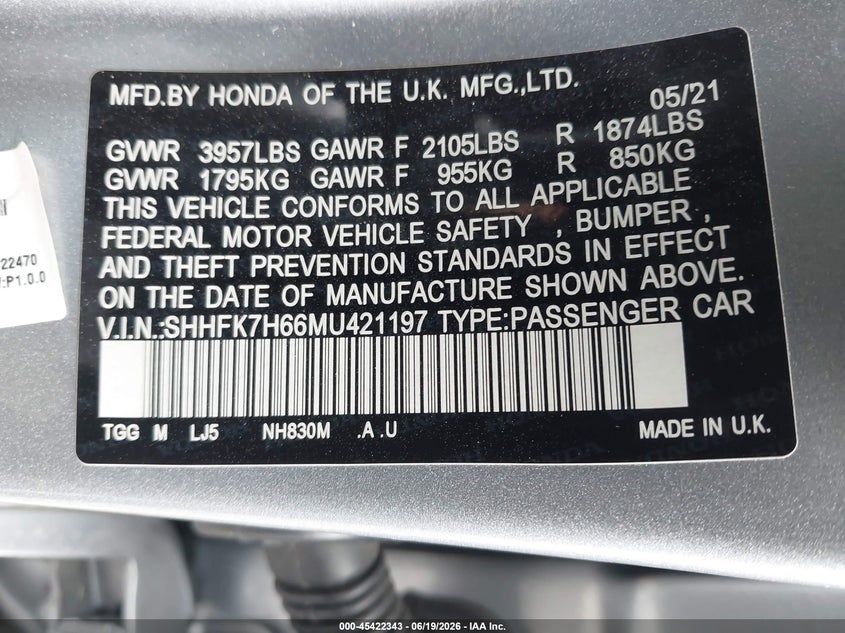 2021 Honda Civic VIN SHHFK7H66MU421197 IAAI salvage auction — FRONT END, Salvage Title, sold $3,350 on 2026-07-29 (photo 9)