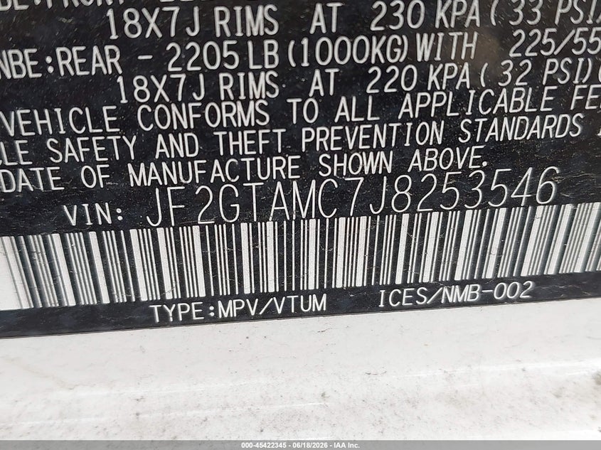 2018 Subaru Xv VIN JF2GTAMC7J8253546 IAAI salvage auction — REAR END, Salvage Title, sold $225 on 2026-07-27 (photo 9)