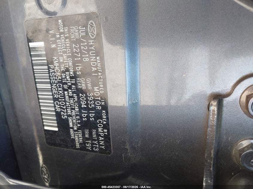 2019 Hyundai Ioniq hybrid VIN KMHC65LCXKU107725 IAAI salvage auction — NORMAL WEAR, Sf97 (Maryland), sold $575 on 2026-07-21 (photo 9)