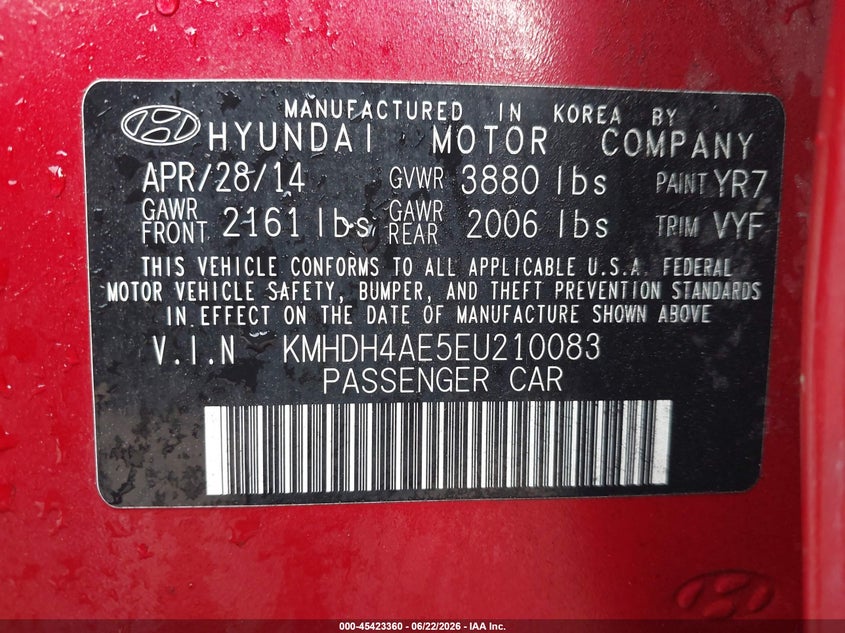 2014 Hyundai Elantra VIN KMHDH4AE5EU210083 IAAI salvage auction — THEFT, Clear (Virginia), sold $875 on 2026-07-15 (photo 9)