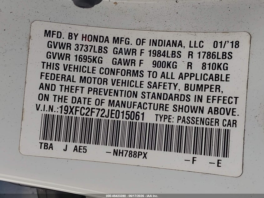 2018 Honda Civic VIN 19XFC2F72JE015061 IAAI salvage auction — FRONT END, Rebuildable (Florida), sold $1,500 on 2026-08-03 (photo 9)