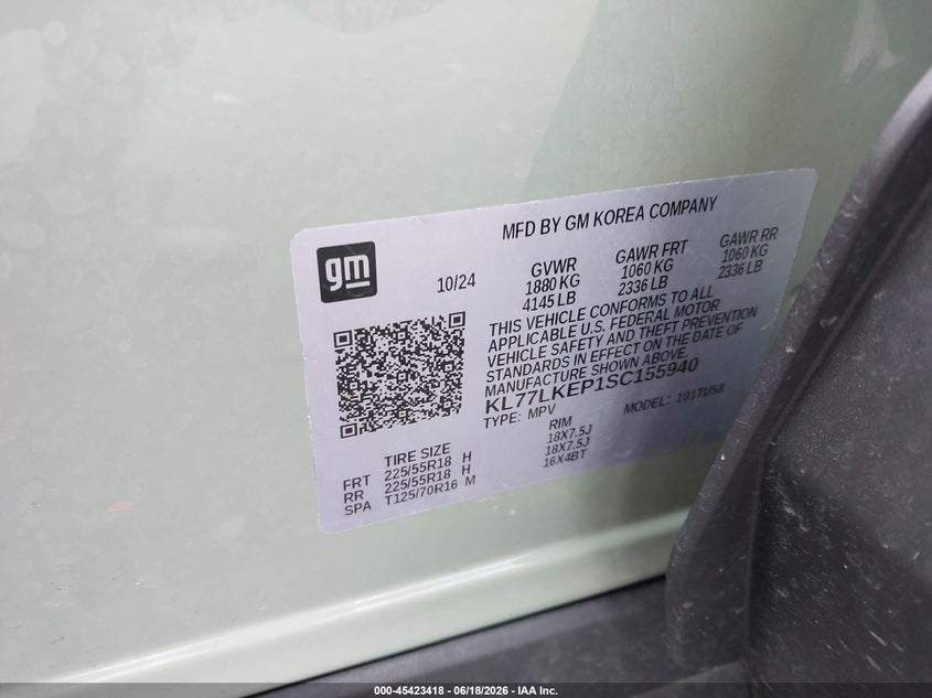 2025 Chevrolet Trax VIN KL77LKEP1SC155940 IAAI salvage auction — FRONT END, Mv-907A (New York), sold $5,800 on 2026-08-02 (photo 9)