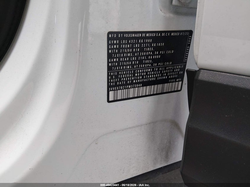 2023 Volkswagen Taos VIN 3VVEX7B21PM373940 IAAI salvage auction — LEFT FRONT, Rebuildable (Florida), sold $4,650 on 2026-07-11 (photo 9)