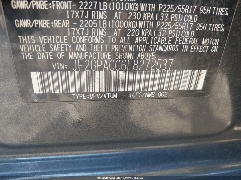 2015 Subaru Xv VIN JF2GPACC6F8272537 IAAI salvage auction — FRONT END, Salvage (Virginia), sold $925 on 2026-07-13 (photo 9)