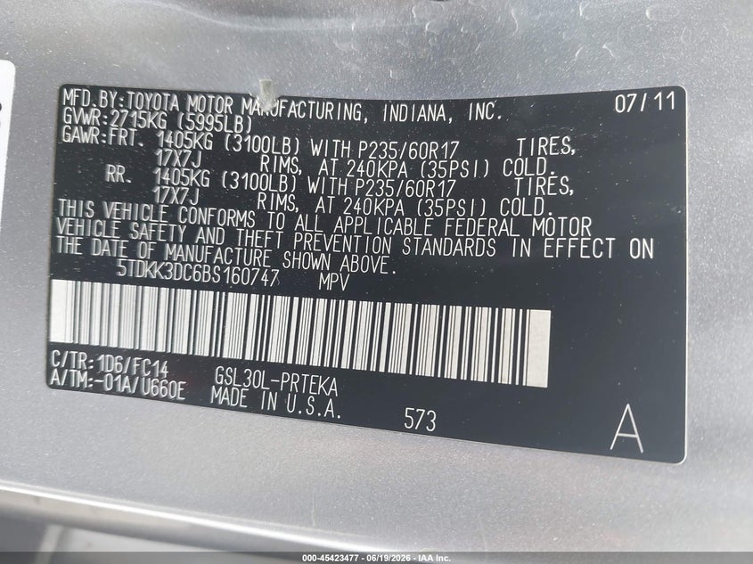 2011 Toyota Sienna VIN 5TDKK3DC6BS160747 IAAI salvage auction — SUSPENSION, Salvage (Rhode Island), sold $1,750 on 2026-07-28 (photo 9)