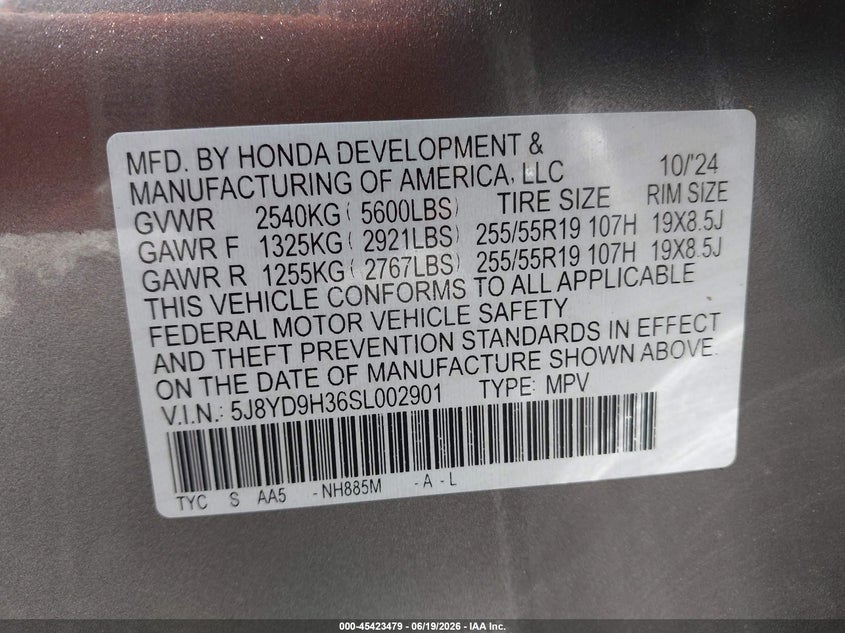 2025 Acura Mdx VIN 5J8YD9H36SL002901 IAAI salvage auction — LEFT & RIGHT, Salvage Title, sold $7,450 on 2026-07-23 (photo 9)