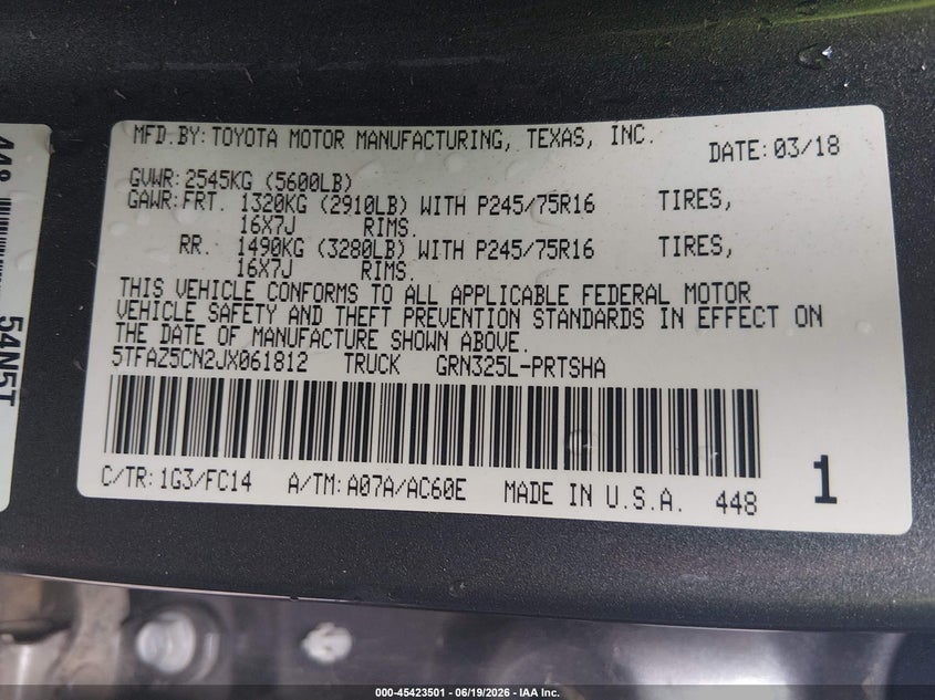 2018 Toyota Tacoma VIN 5TFAZ5CN2JX061812 IAAI salvage auction — FRONT END, Salvage (South Carolina), sold $4,950 on 2026-07-29 (photo 9)