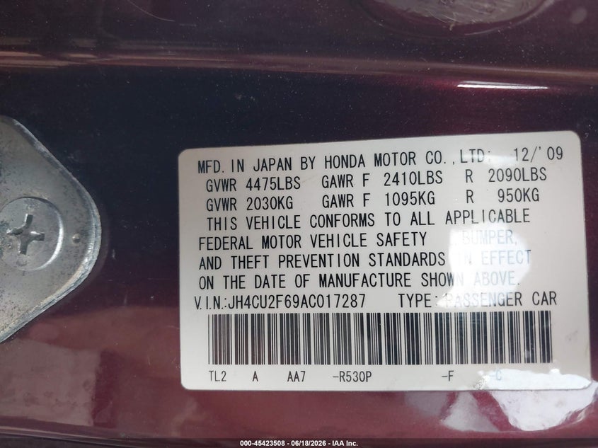 2010 Acura Tsx VIN JH4CU2F69AC017287 IAAI salvage auction — NORMAL WEAR, Clear (Massachusetts), sold $375 on 2026-07-21 (photo 9)