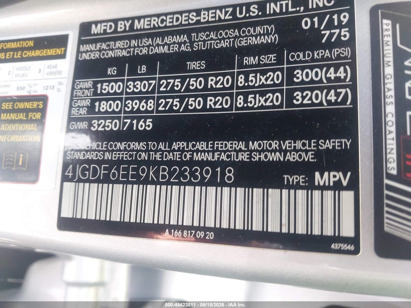 2019 Mercedes-benz Gls-klasse VIN 4JGDF6EE9KB233918 IAAI salvage auction — ROLLOVER, Salvage Title, sold $25 on 2026-07-30 (photo 9)