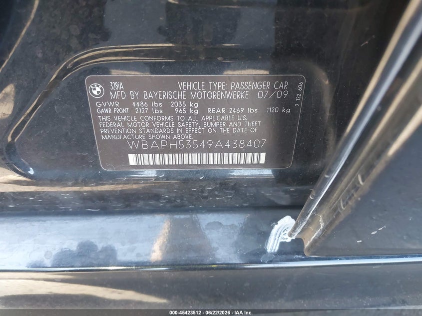 2009 BMW 3 series VIN WBAPH53549A438407 IAAI salvage auction — VANDALISM, Salvage Certificate (California), sold $375 on 2026-07-10 (photo 9)