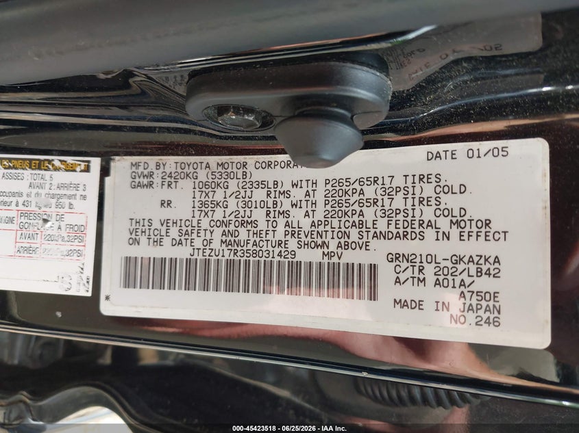 2005 Toyota 4runner VIN JTEZU17R358031429 IAAI salvage auction — FRONT END, Salvage (Mississippi), sold $2,700 on 2026-07-29 (photo 9)