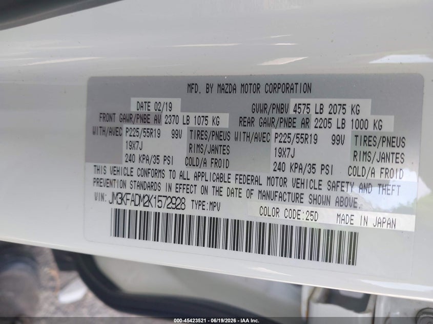 2019 Mazda Cx-5 VIN JM3KFADM2K1572928 IAAI salvage auction — ROOF, Salvage (North Carolina), sold $8,000 on 2026-07-09 (photo 9)