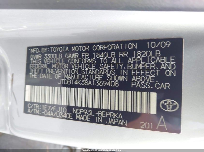 2010 Toyota Yaris VIN JTDBT4K38A1369408 IAAI salvage auction — NORMAL WEAR, Repossession Paperwork (Georgia), sold $525 on 2026-07-22 (photo 9)