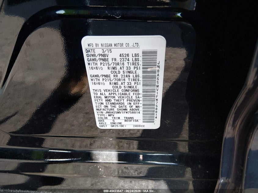 2015 Nissan Rogue VIN JN8AS5MV1FW758814 IAAI salvage auction — FRONT END, Salvage (Missouri), sold $25 on 2026-07-21 (photo 9)
