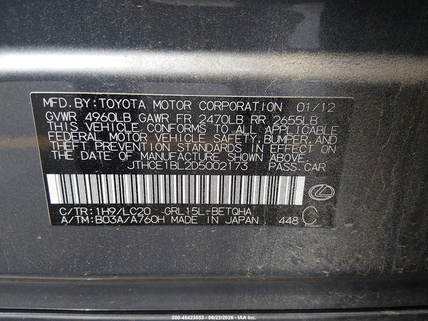 2013 Lexus VIN JTHCE1BL2D5002173 IAAI salvage auction — RIGHT REAR, Salvage (South Carolina), sold $25 on 2026-07-22 (photo 9)
