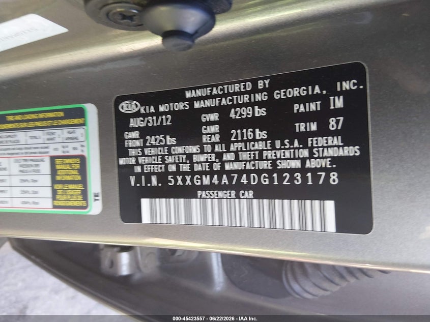 2013 Kia Optima VIN 5XXGM4A74DG123178 IAAI salvage auction — THEFT, Salvage (North Carolina), sold $525 on 2026-07-29 (photo 9)