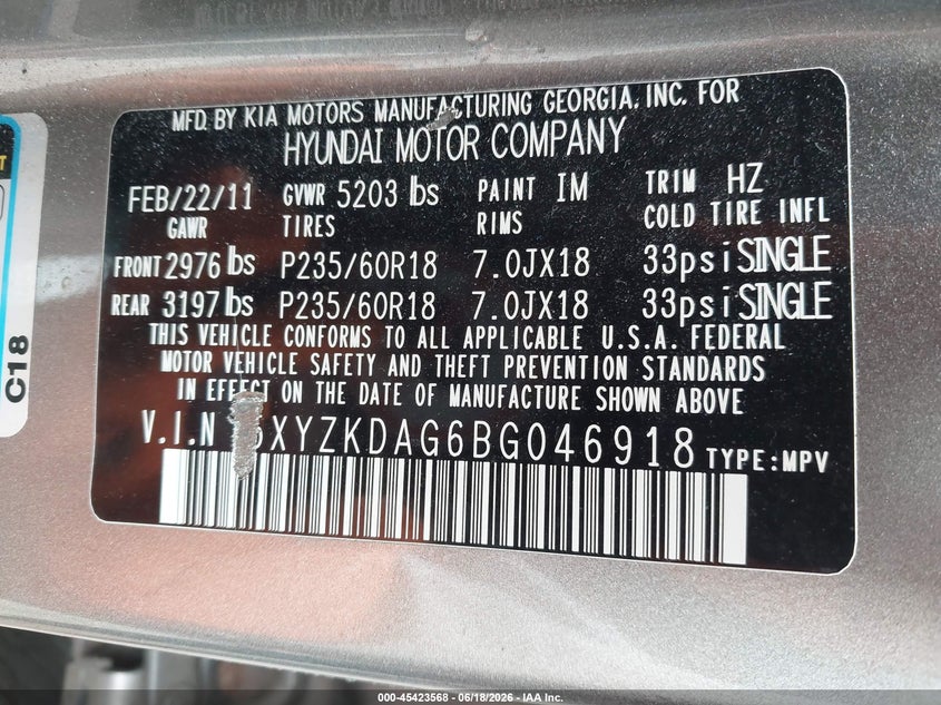 2011 Hyundai Santa fe VIN 5XYZKDAG6BG046918 IAAI salvage auction — FRONT END, Salvage (Pennsylvania), sold $525 on 2026-07-08 (photo 9)