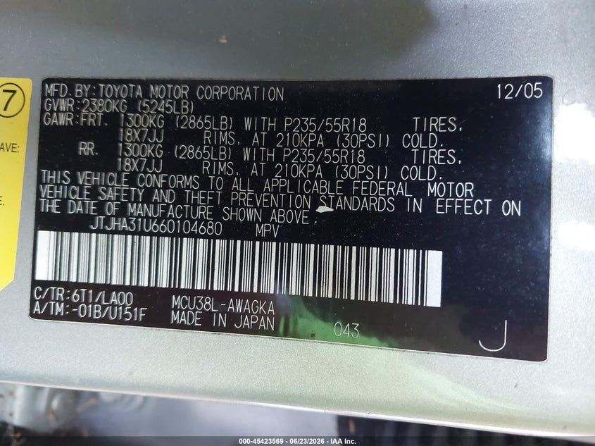 2006 Lexus Rx VIN JTJHA31U660104680 IAAI salvage auction — NORMAL WEAR, Clear - Dealer Only (California), sold $775 on 2026-07-14 (photo 9)
