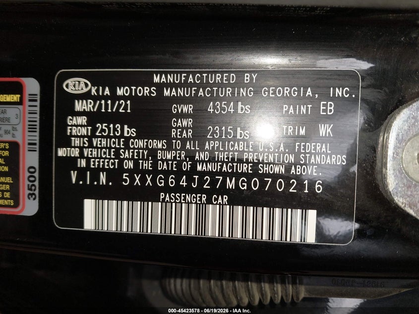 2021 Kia K5 VIN 5XXG64J27MG070216 IAAI salvage auction — FRONT END, Mv-907A (New York), sold $25 on 2026-07-28 (photo 9)