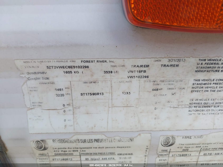 2014 Forest river Other VIN 5ZT2VWEC6E5102296 IAAI salvage auction — Unknown, Salvage (Arizona), sold $625 on 2026-07-22 (photo 9)
