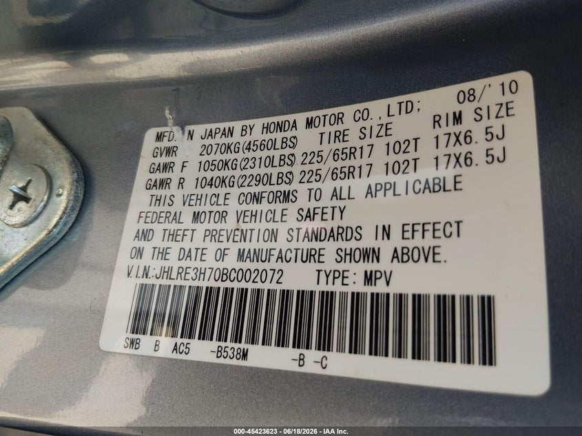 2011 Honda Cr-v VIN JHLRE3H70BC002072 IAAI salvage auction — FRONT END, Salvage (North Carolina), sold $1,700 on 2026-07-29 (photo 9)