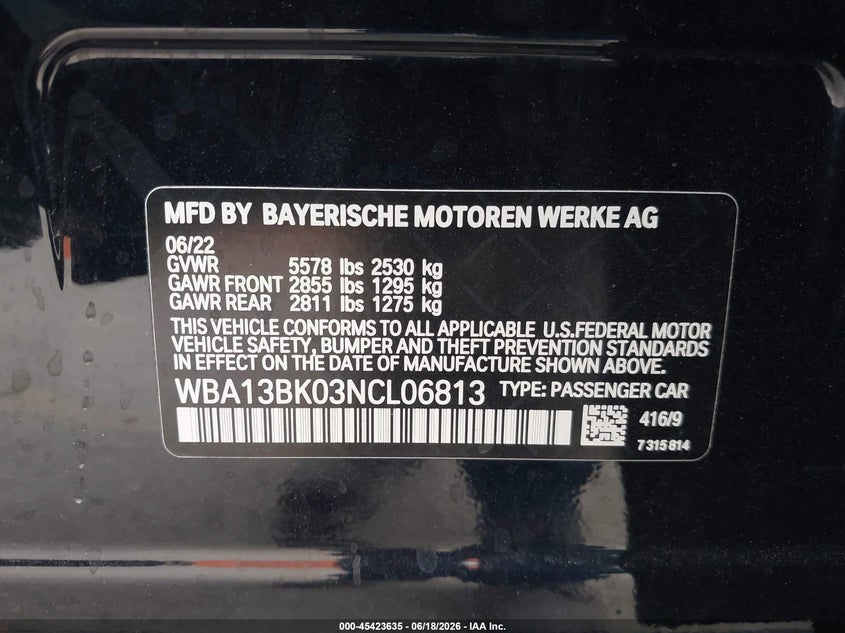 2022 BMW 5er VIN WBA13BK03NCL06813 IAAI salvage auction — FRONT END, Salvage (California), sold $16,650 on 2026-07-20 (photo 9)